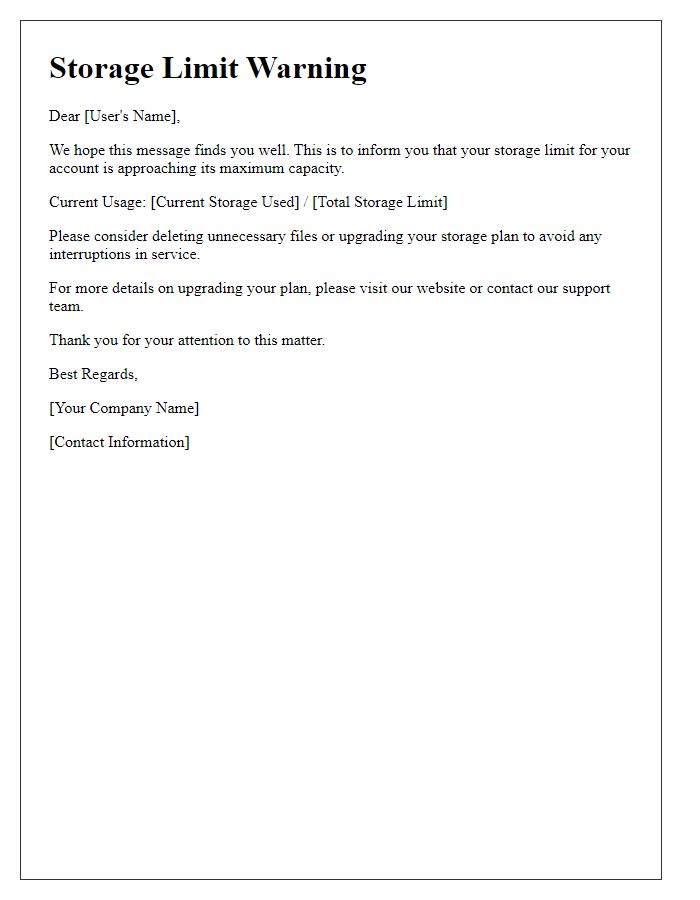 Letter template of storage limit warning
