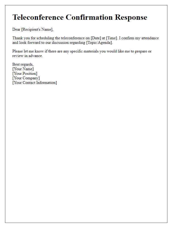 Letter template of teleconference confirmation response