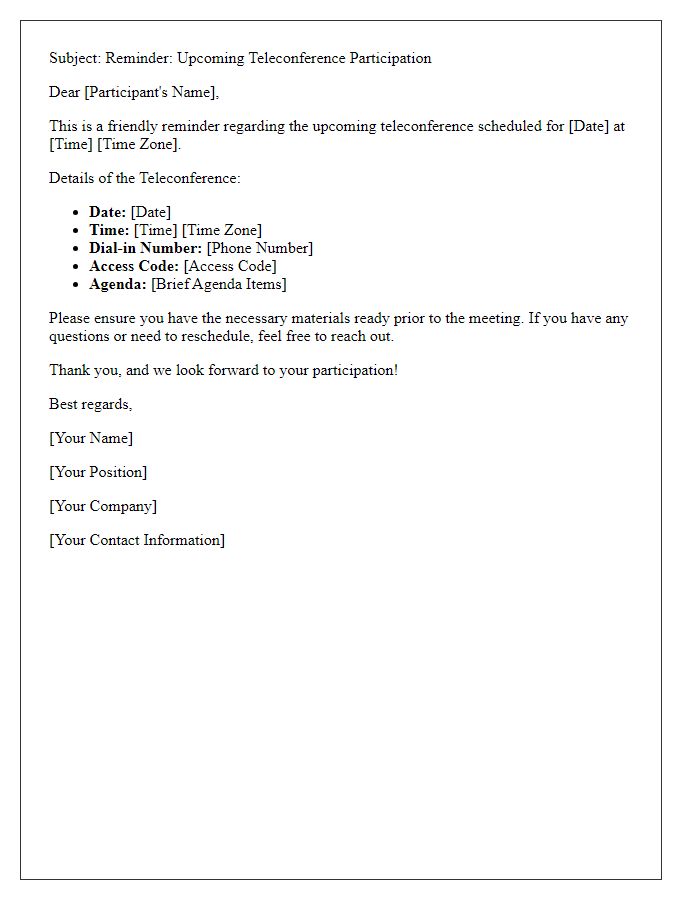 Letter template of teleconference participant reminder