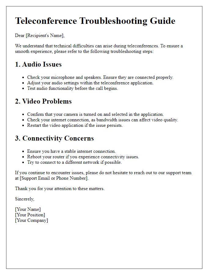 Letter template of teleconference troubleshooting guide