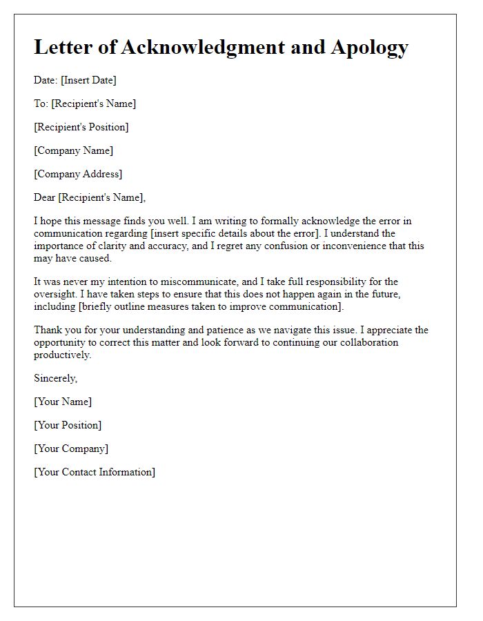 Letter template of acknowledgment and apology for a work-related communication error