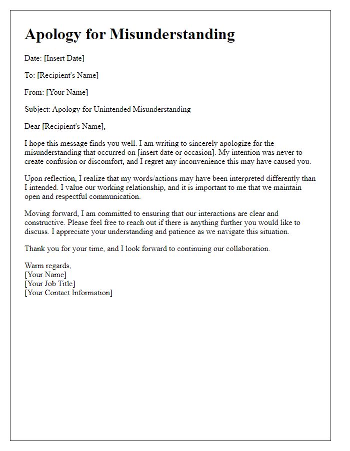 Letter template of apologies for an unintended misunderstanding at the workplace