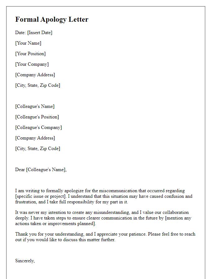 Letter template of formal apology regarding miscommunication with a colleague