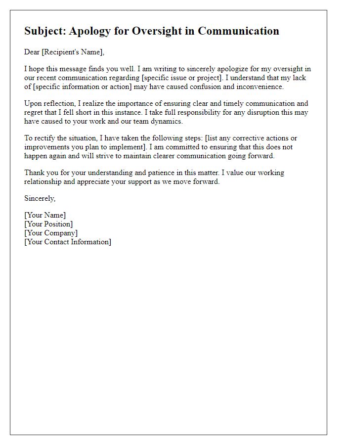 Letter template of professional apology for an oversight in workplace communication