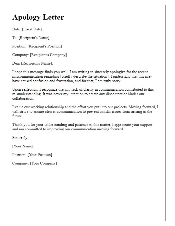 Letter template of sincere apology for workplace miscommunication