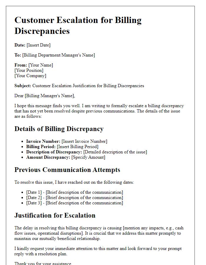 Letter template of Customer Escalation Justification for Billing Discrepancies