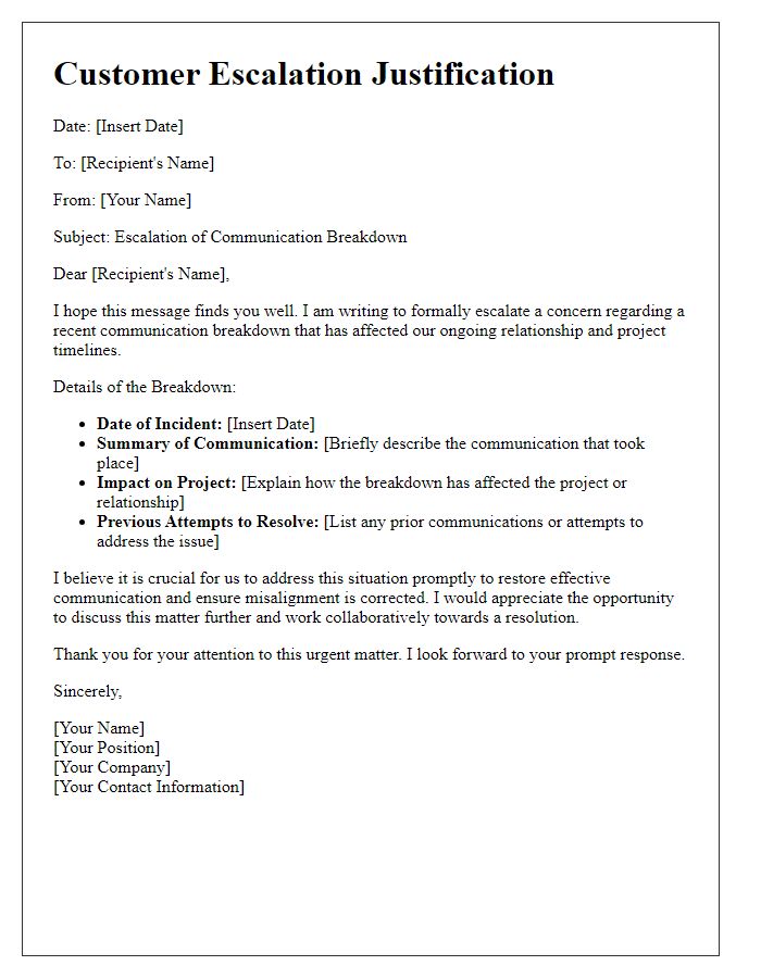 Letter template of Customer Escalation Justification for Communication Breakdowns