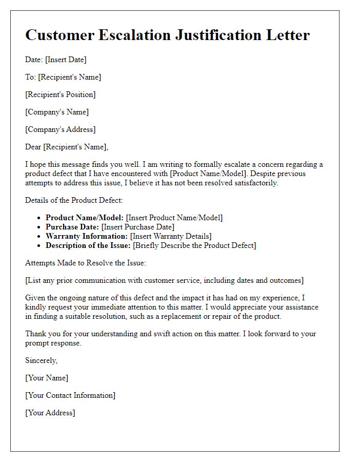 Letter template of Customer Escalation Justification for Product Defects