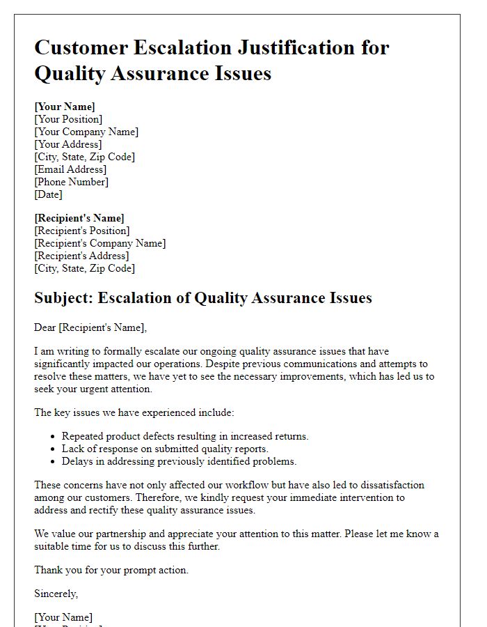 Letter template of Customer Escalation Justification for Quality Assurance Issues