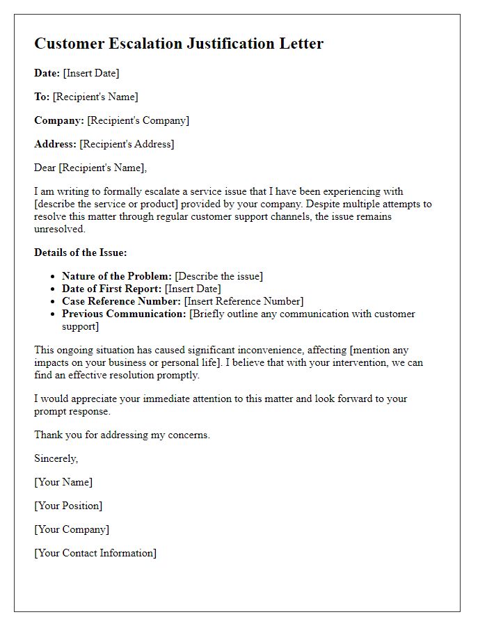 Letter template of Customer Escalation Justification for Service Issues