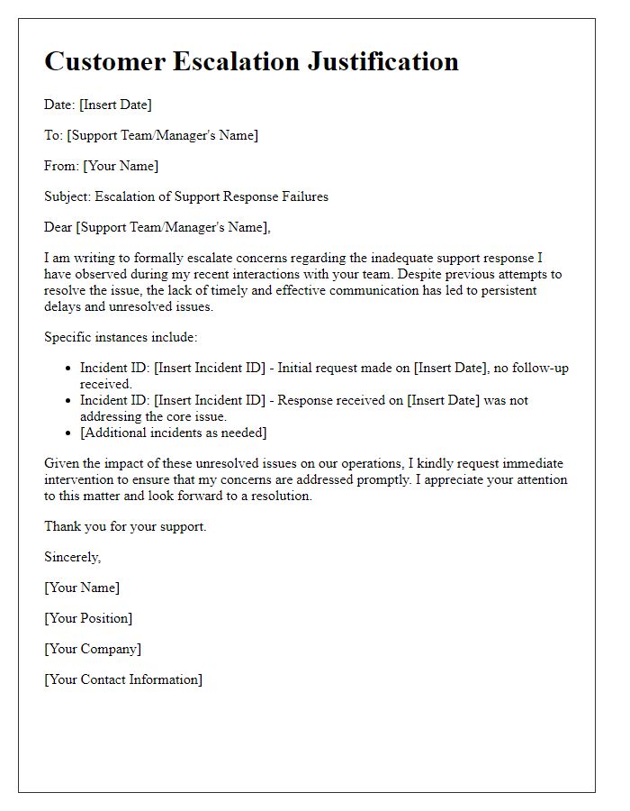 Letter template of Customer Escalation Justification for Support Response Failures