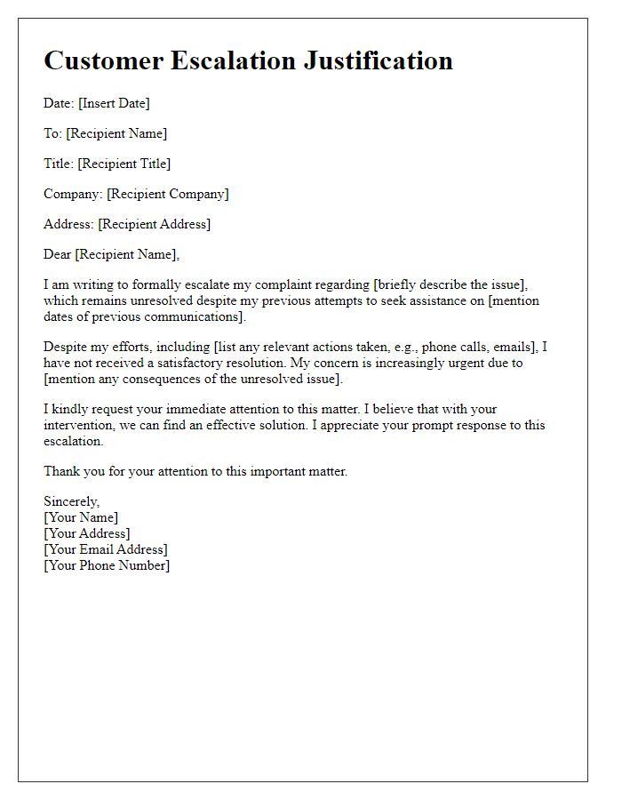Letter template of Customer Escalation Justification for Unresolved Complaints