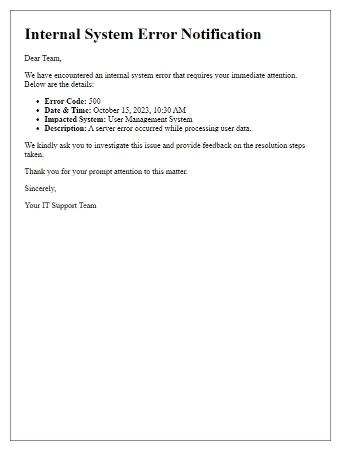 Letter template of internal system error notification