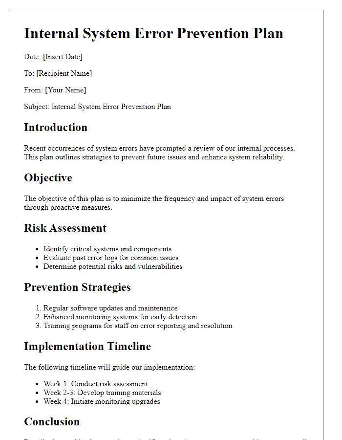 Letter template of internal system error prevention plan