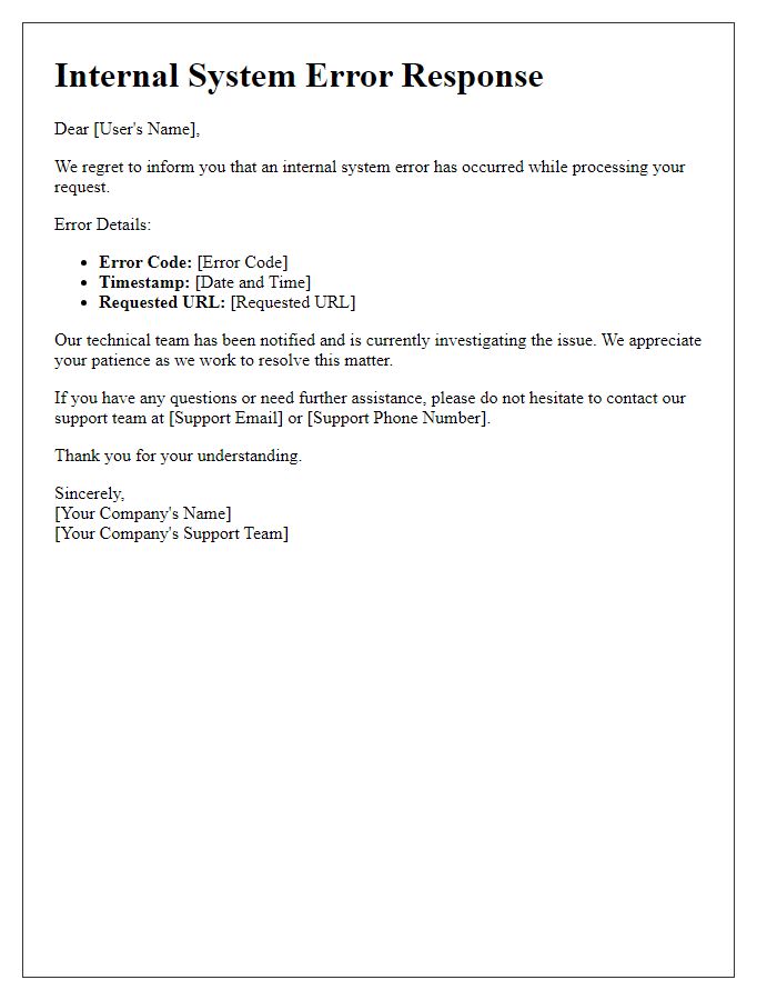 Letter template of internal system error response