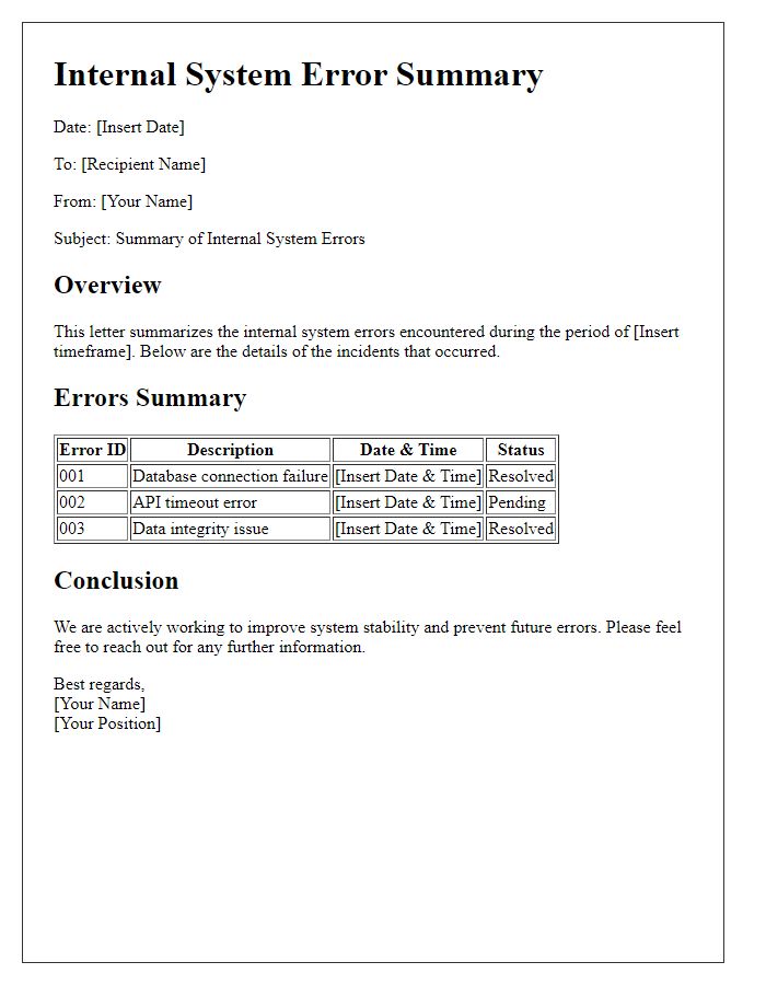 Letter template of internal system error summary