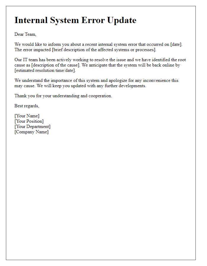 Letter template of internal system error update