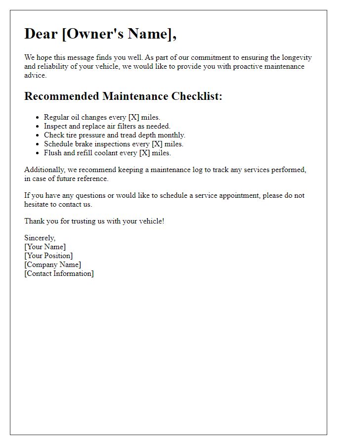 Letter template of proactive maintenance advice for vehicle upkeep.