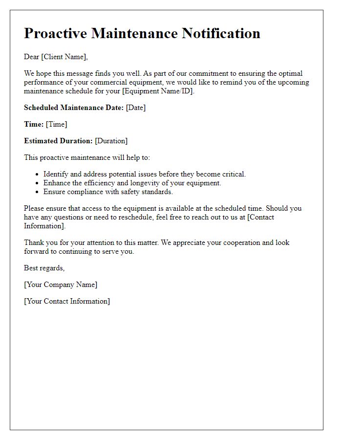 Letter template of proactive maintenance alerts for commercial equipment.