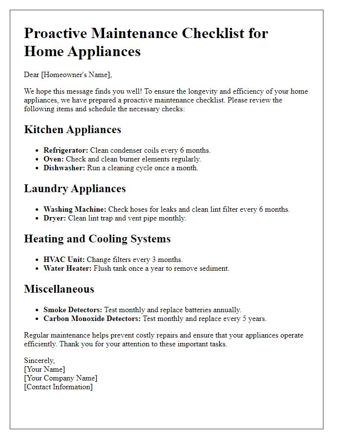 Letter template of proactive maintenance checklists for home appliances.