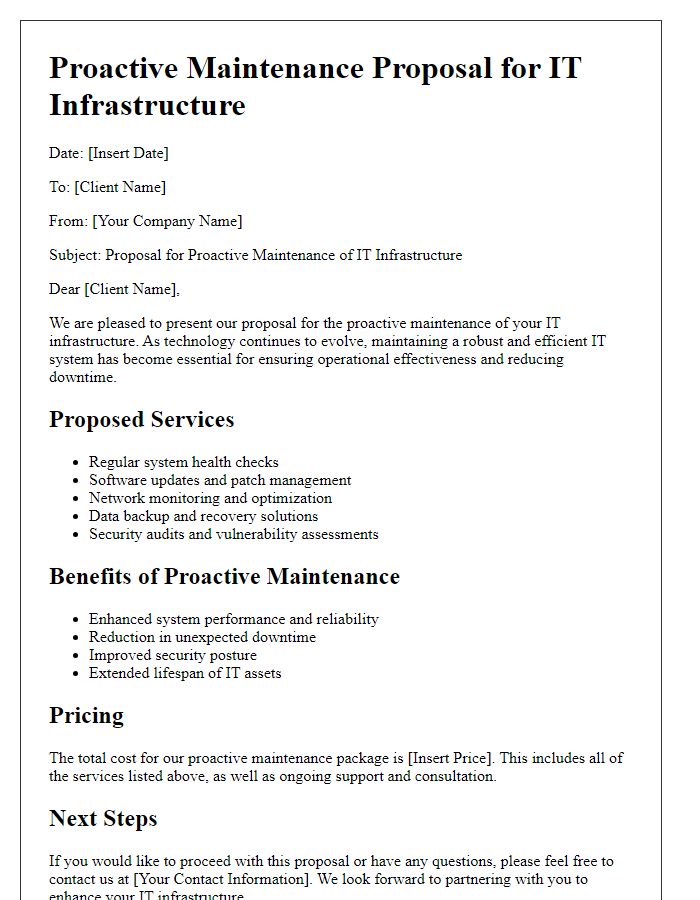 Letter template of proactive maintenance proposals for IT infrastructure.