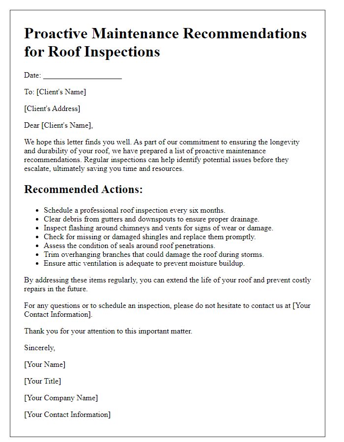 Letter template of proactive maintenance recommendations for roof inspections.