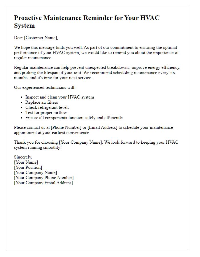 Letter template of proactive maintenance reminders for HVAC systems.