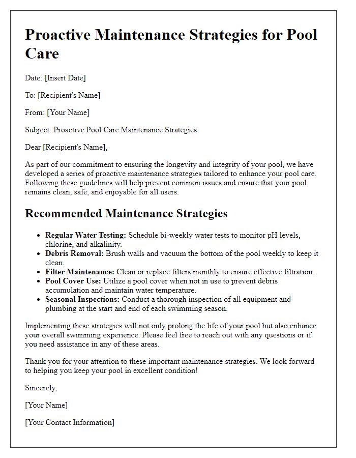 Letter template of proactive maintenance strategies for pool care.