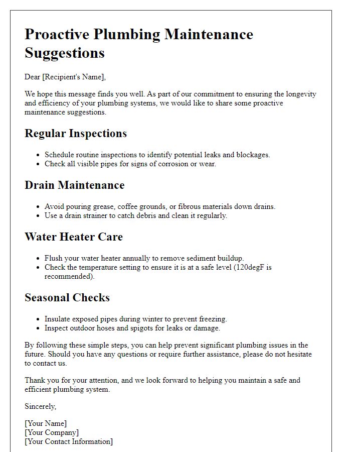 Letter template of proactive maintenance suggestions for plumbing systems.