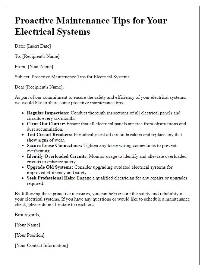 Letter template of proactive maintenance tips for electrical systems.