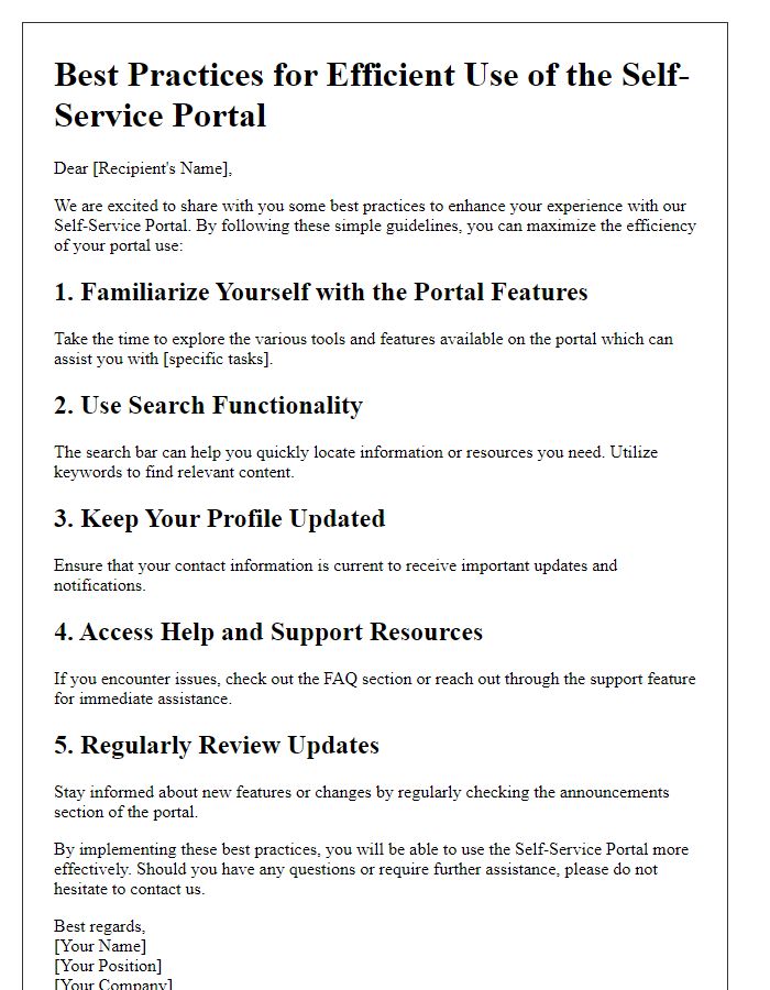 Letter template of best practices for efficient self-service portal use.