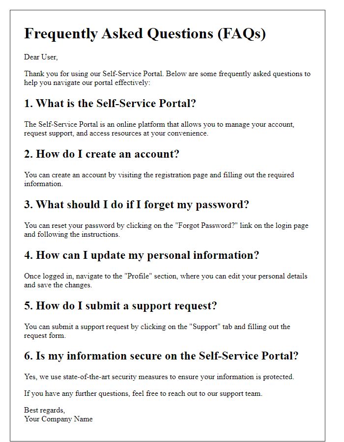 Letter template of FAQs for self-service portal functionality.