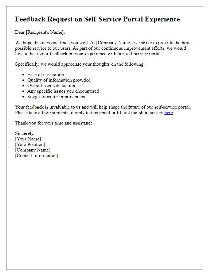 Letter template of feedback request regarding self-service portal experience.