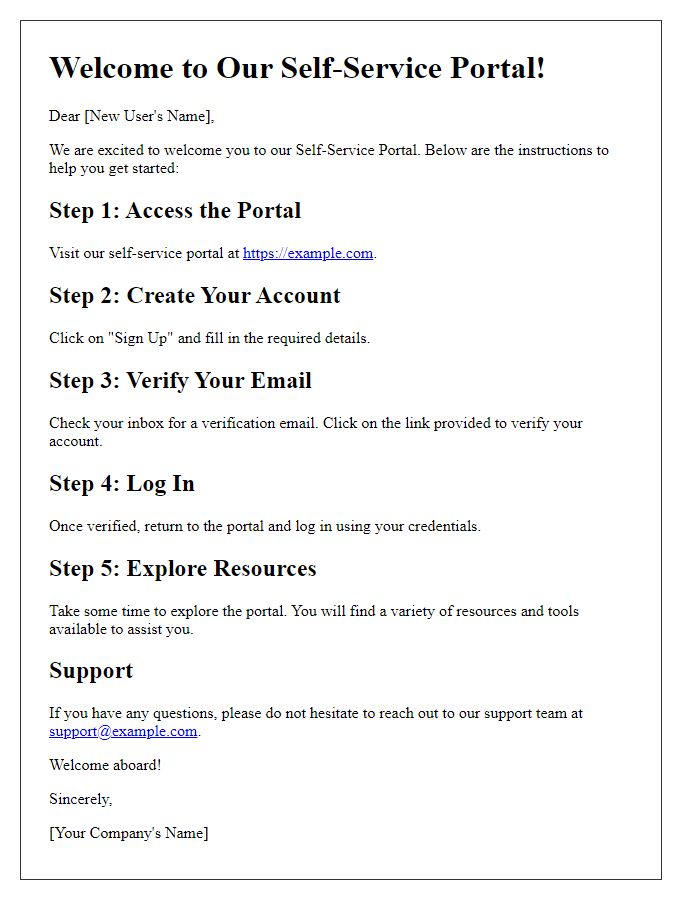 Letter template of onboarding instructions for new self-service portal users.