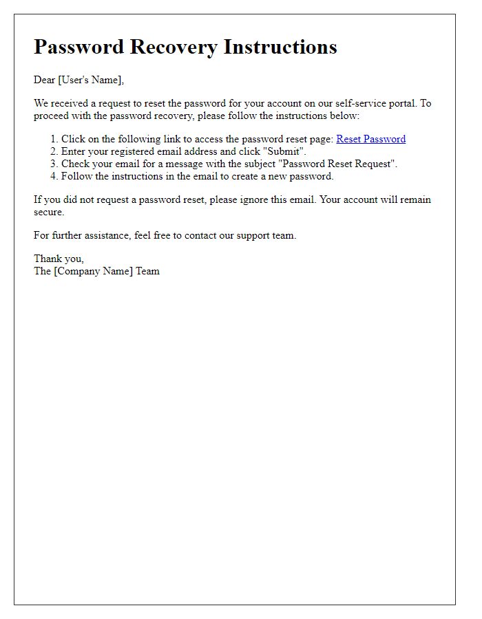 Letter template of password recovery instructions for the self-service portal.