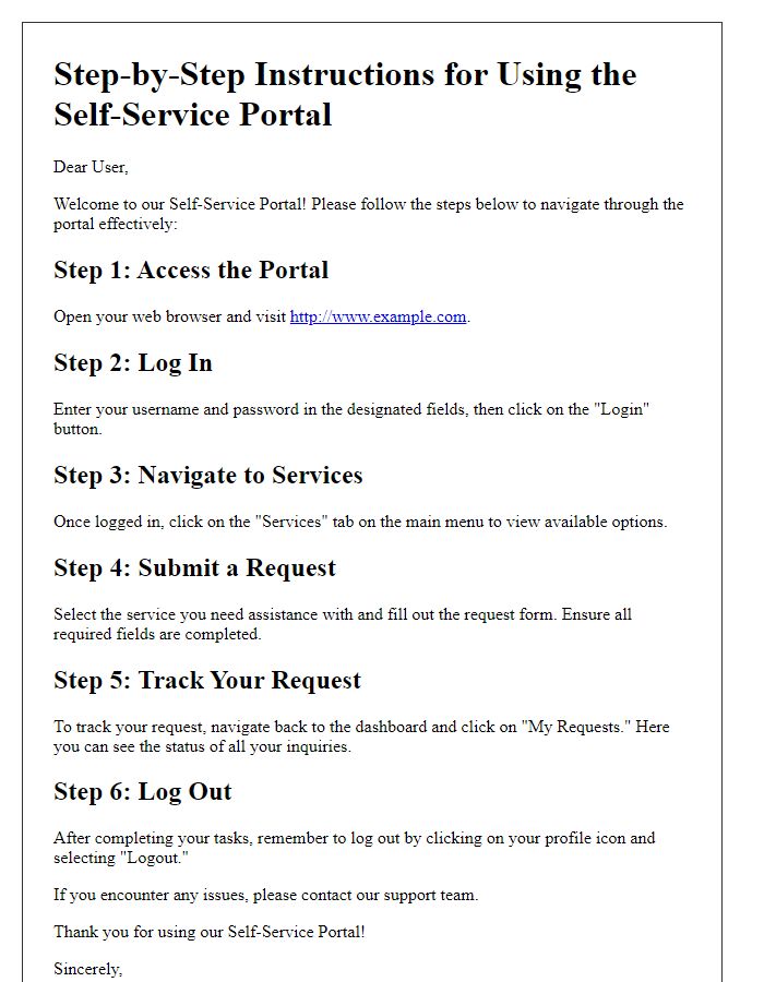 Letter template of step-by-step instructions for self-service portal usage.