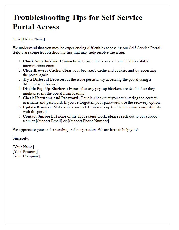 Letter template of troubleshooting tips for self-service portal access.