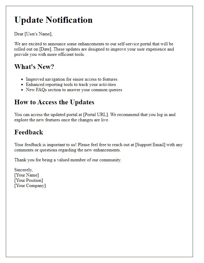 Letter template of update notifications for self-service portal enhancements.