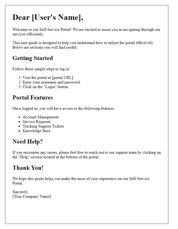 Letter template of user guide for self-service portal navigation.