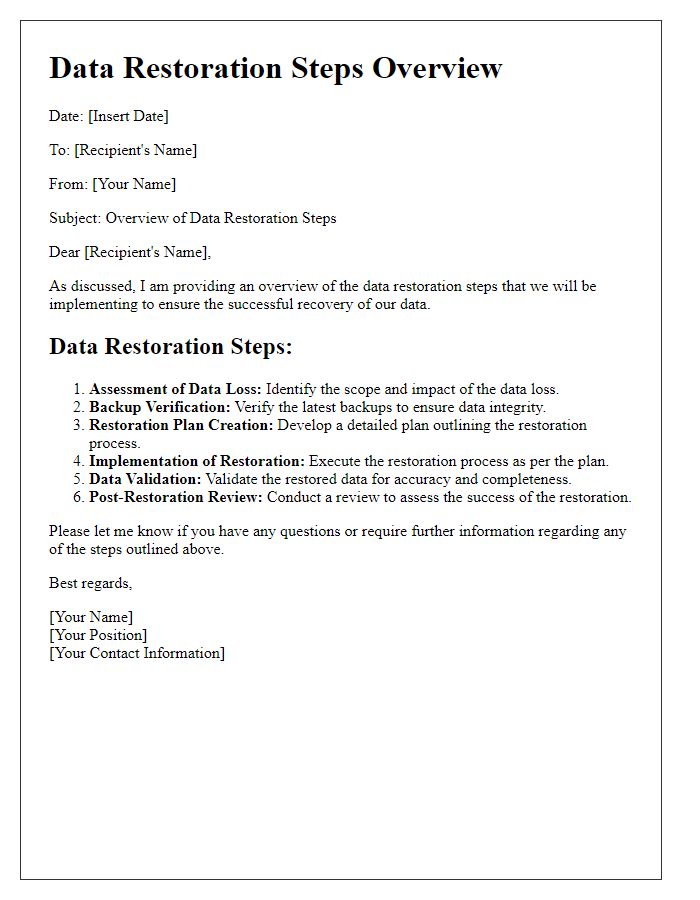 Letter template of data restoration steps overview