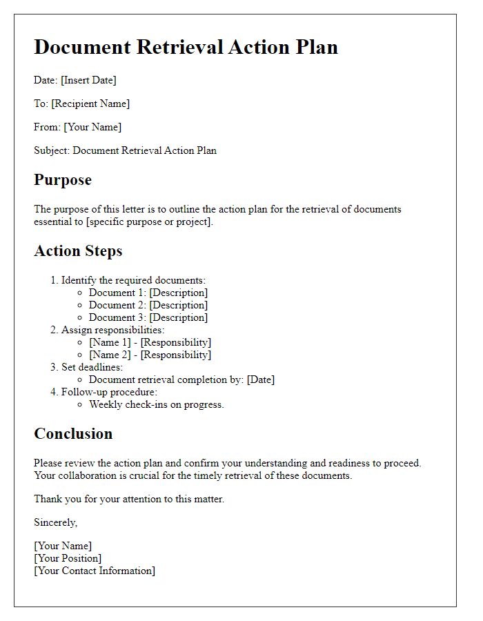 Letter template of document retrieval action plan