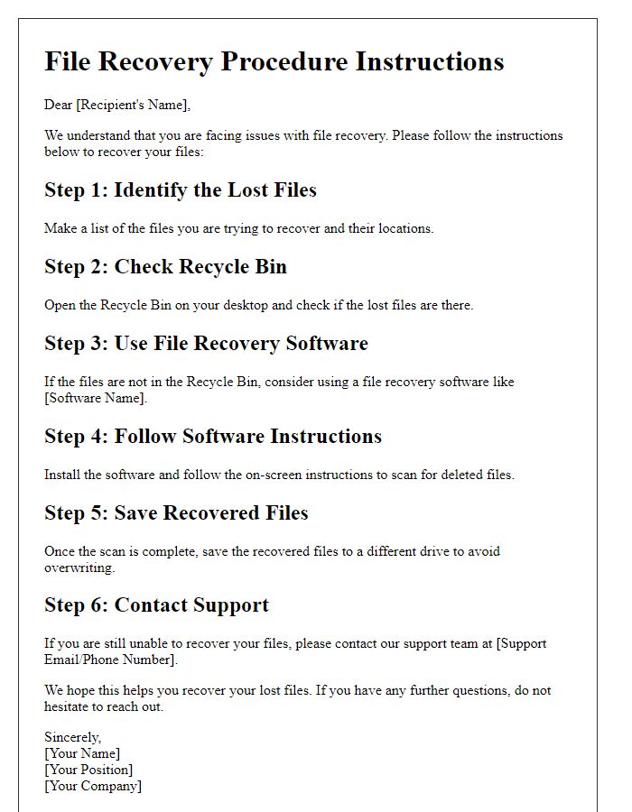 Letter template of file recovery procedure instructions