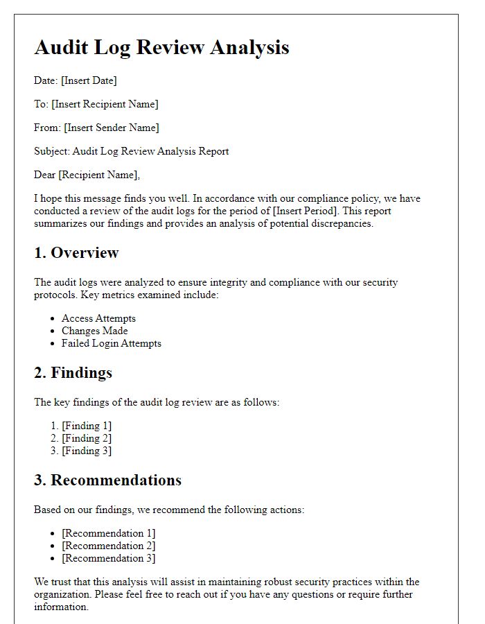 Letter template of audit log review analysis