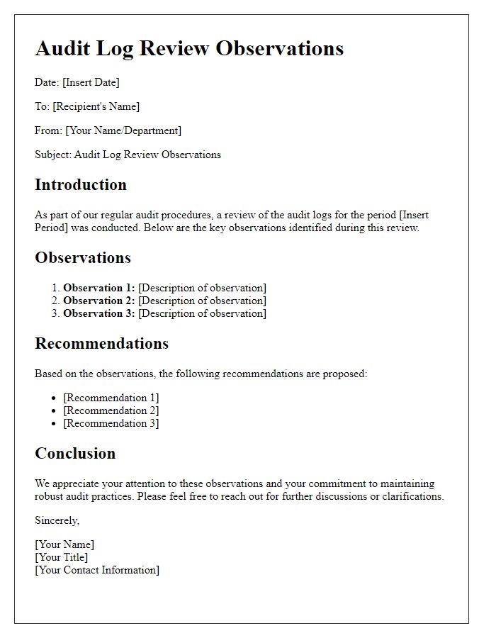 Letter template of audit log review observations