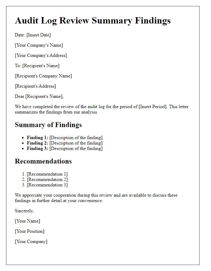 Letter template of audit log review summary findings