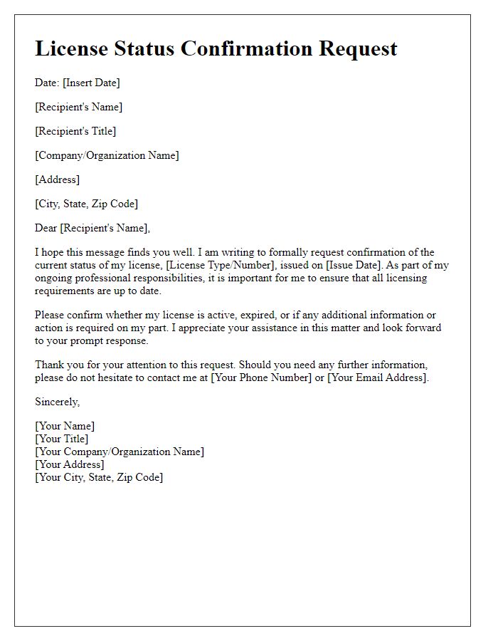 Letter template of license status confirmation request