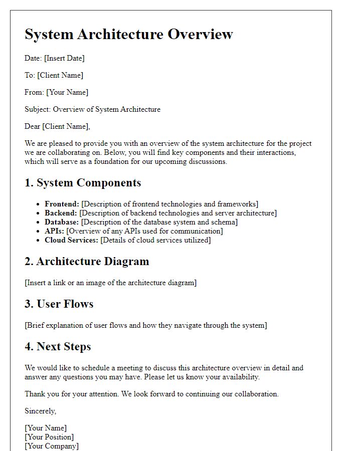 Letter template of system architecture overview for client briefing