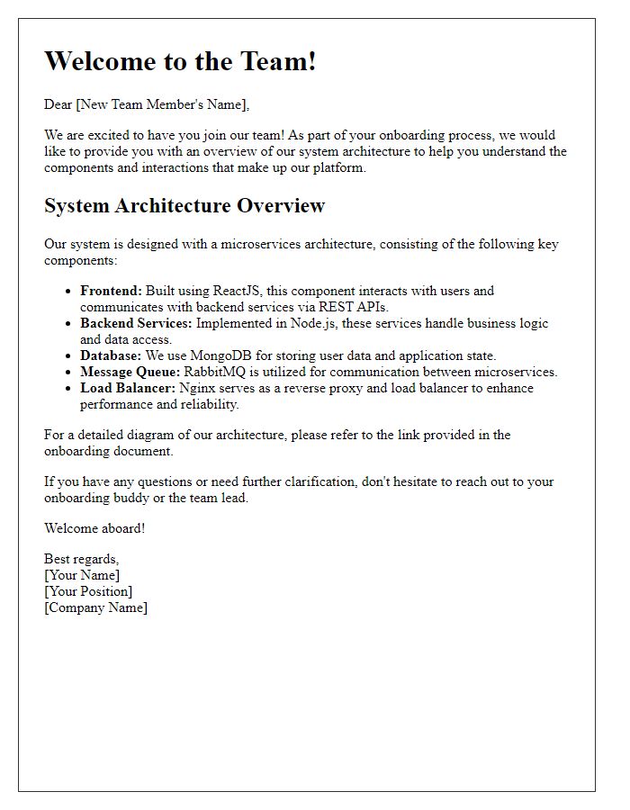 Letter template of system architecture overview for onboarding new team members