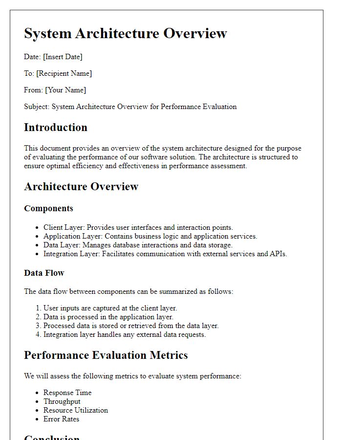 Letter template of system architecture overview for performance evaluation