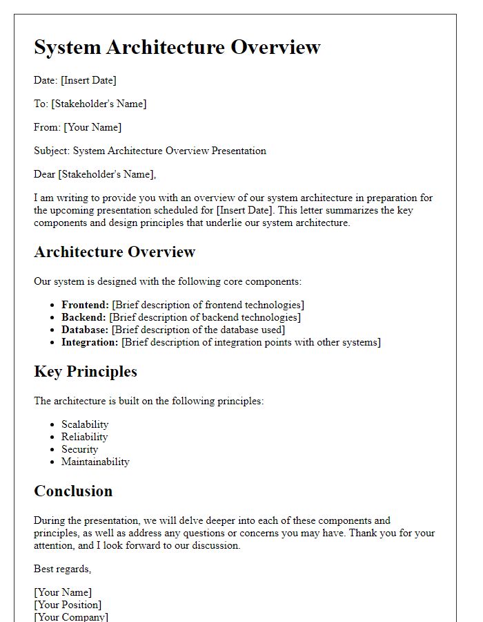 Letter template of system architecture overview for stakeholder presentation